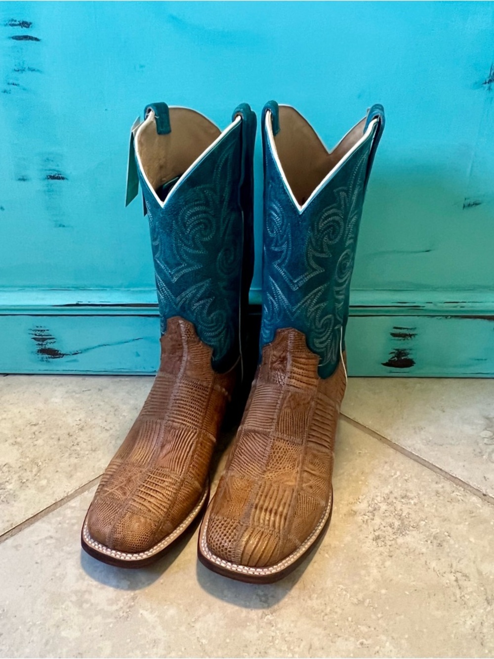 NWT Roper Women’s Patchwork Brown Leather Cowboy Boot Sz 9 Blue Shaft Square Toe